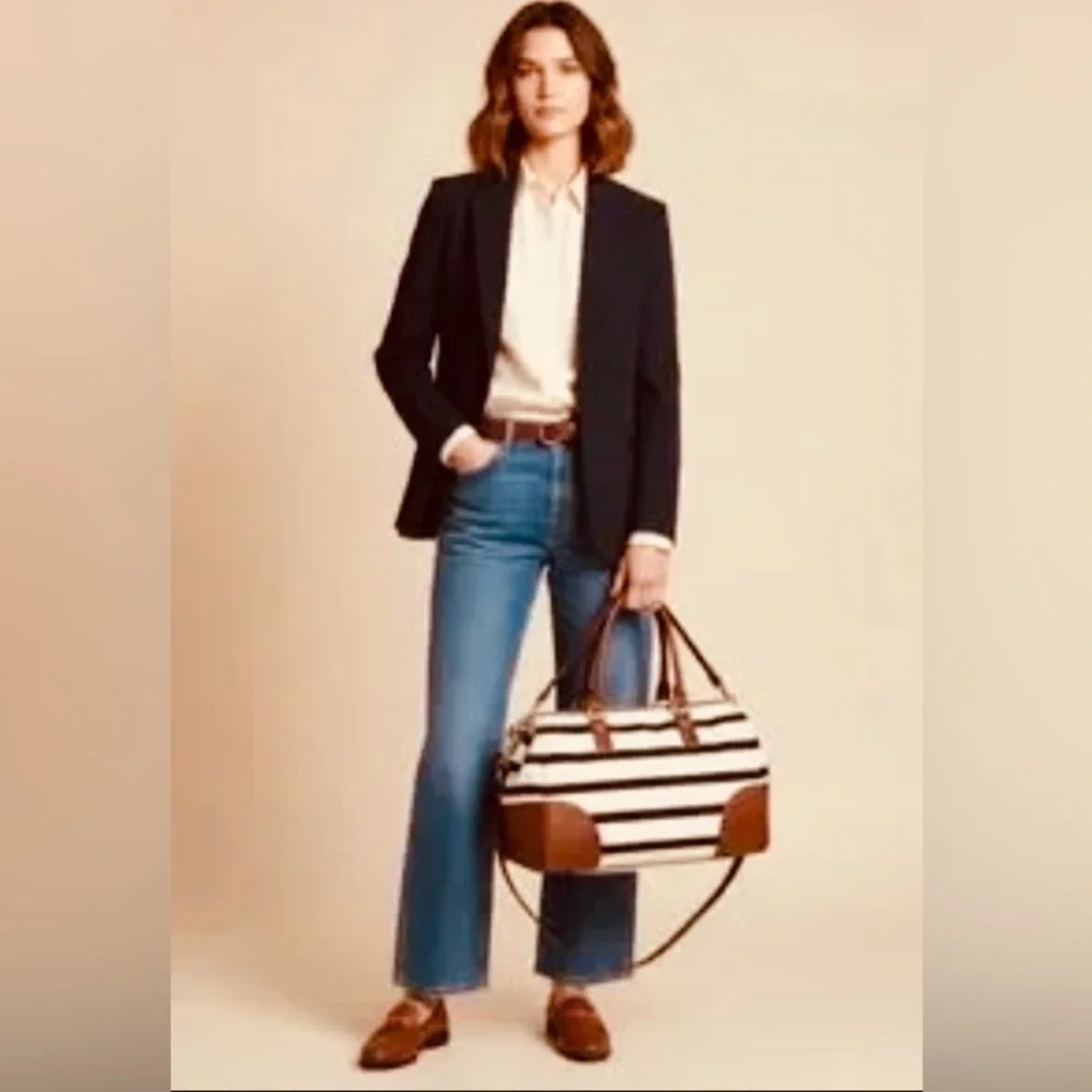 Lauren Ralph Lauren Striped Canvas Leather Trim Satchel - Picture 3 of 9